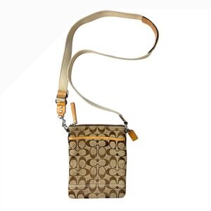 Coach Signature Jacquard Crossbody Bag Tan Leather Trim Logo Purse Y2K Vintage